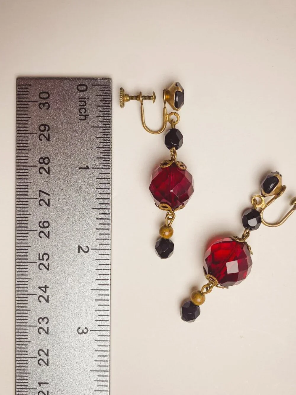 Vintage Screwback Red Crystal Glass Jewel Victorian Style Brass Drop Earrings